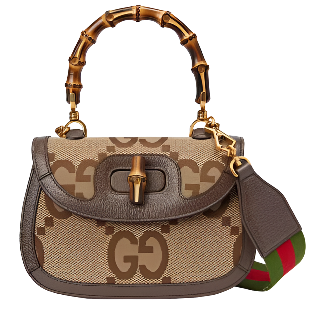 Gucci Women Small Jumbo GG Bag Bamboo Camel GG Canvas Brown Leather