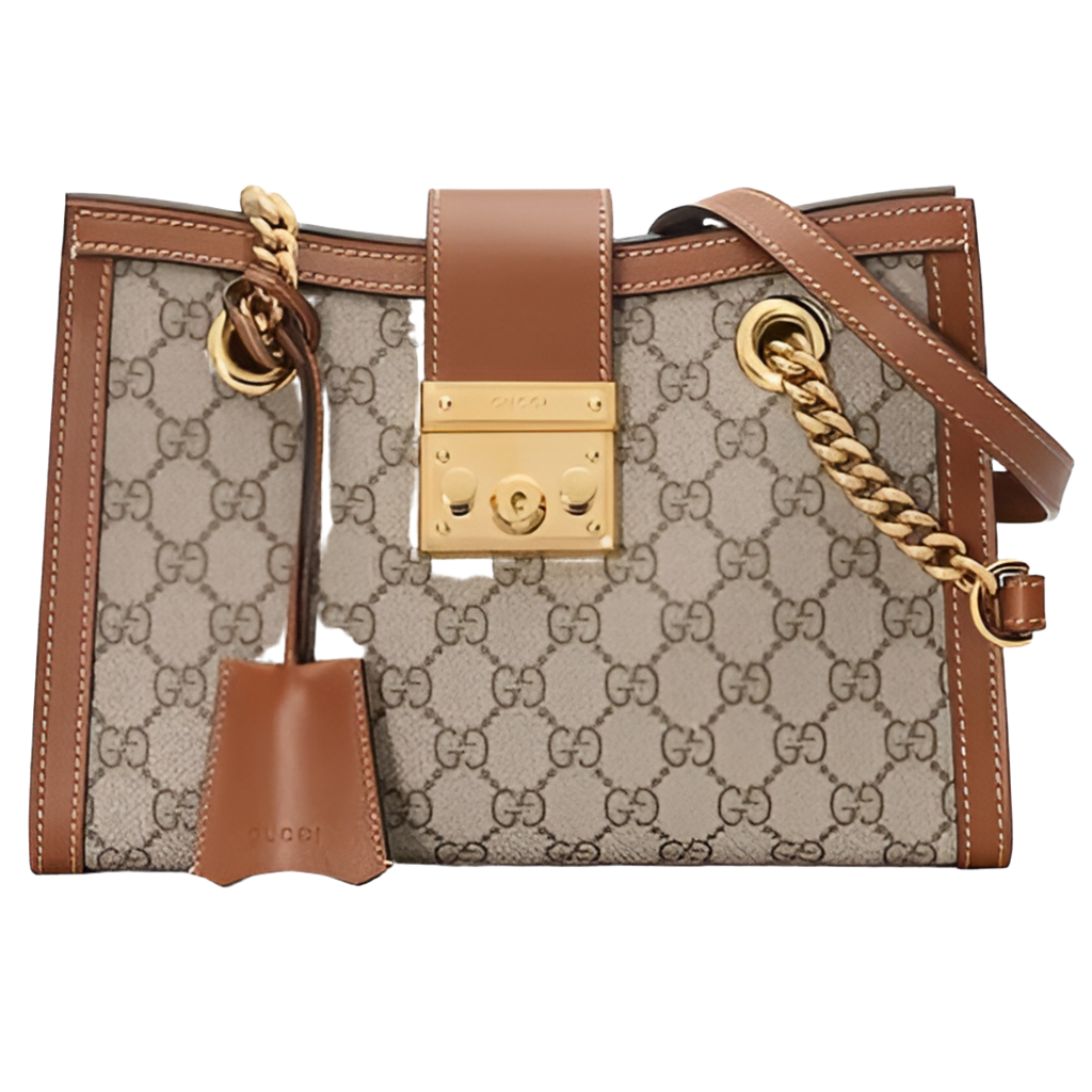 Gucci Women Padlock Small GG Shoulder Bag Beige Ebony GG Supreme Canvas Brown Leather