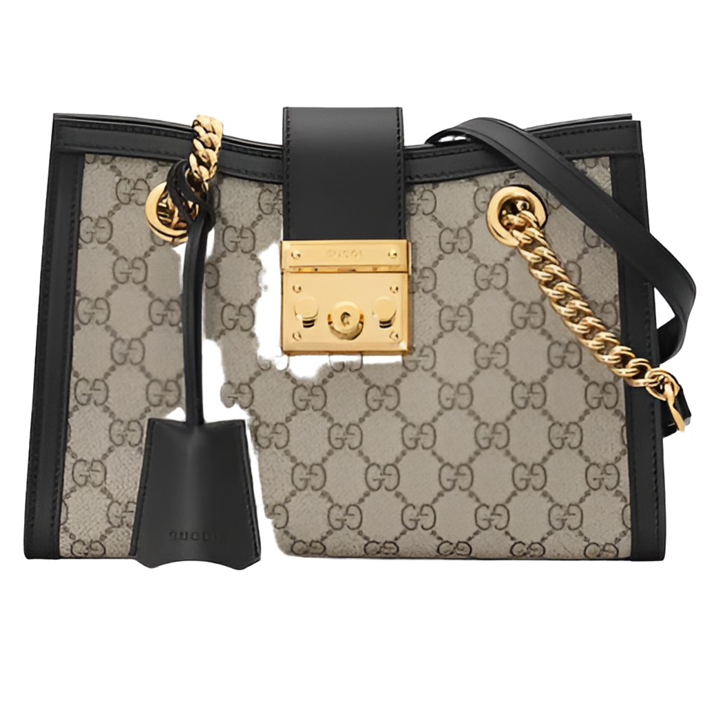Gucci Women Padlock Small GG Shoulder Bag Beige Ebony GG Supreme Canvas Black Leather