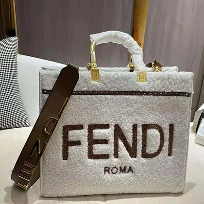 Fendi Women Sunshine Medium White Sheepskin Shopper