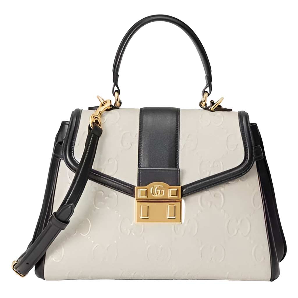 Gucci Women Small GG Top Handle Bag White Debossed Leather Double G