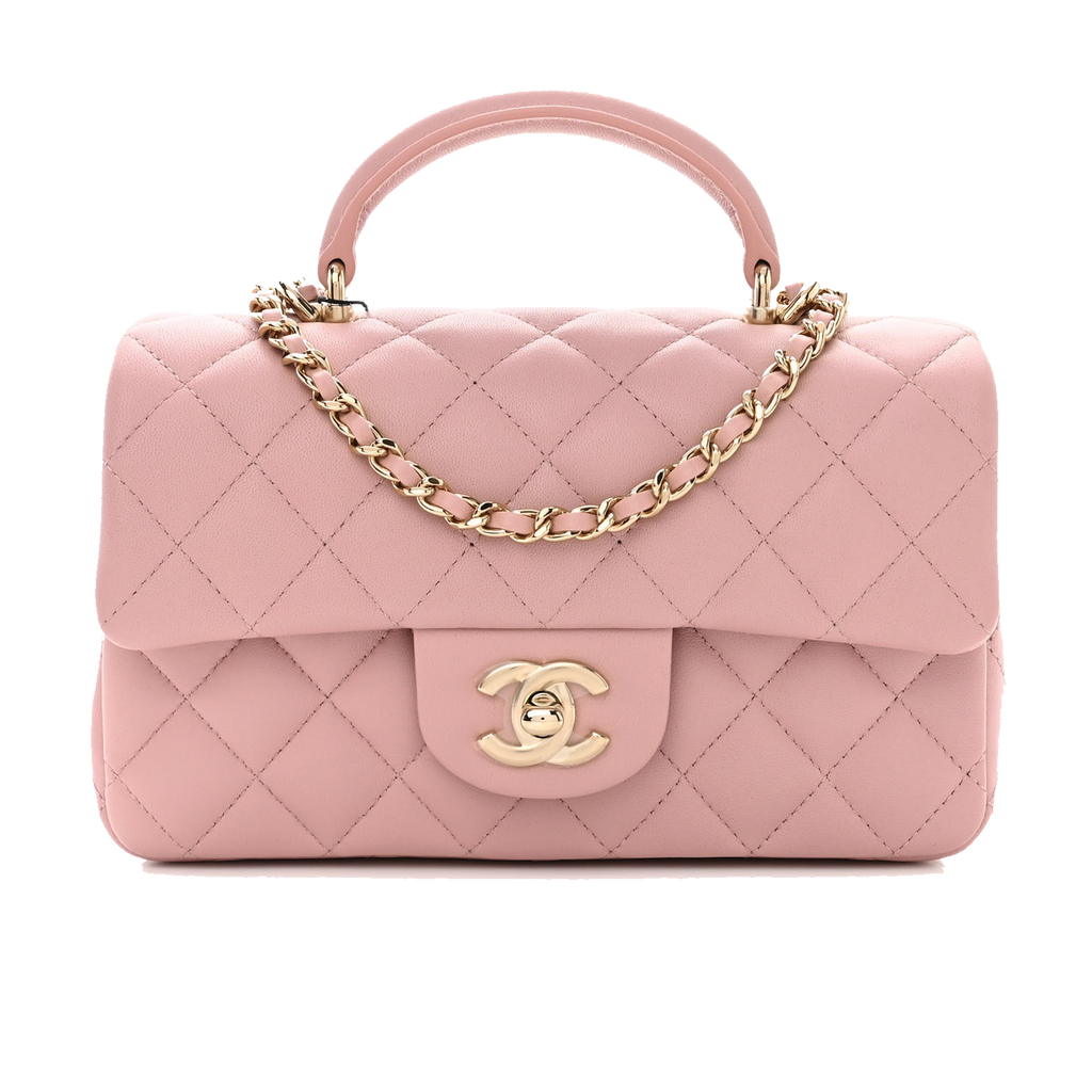CHANEL LAMBSKIN QUILTED MINI TOP HANDLE RECTANGULAR FLAP LIGHT PINK