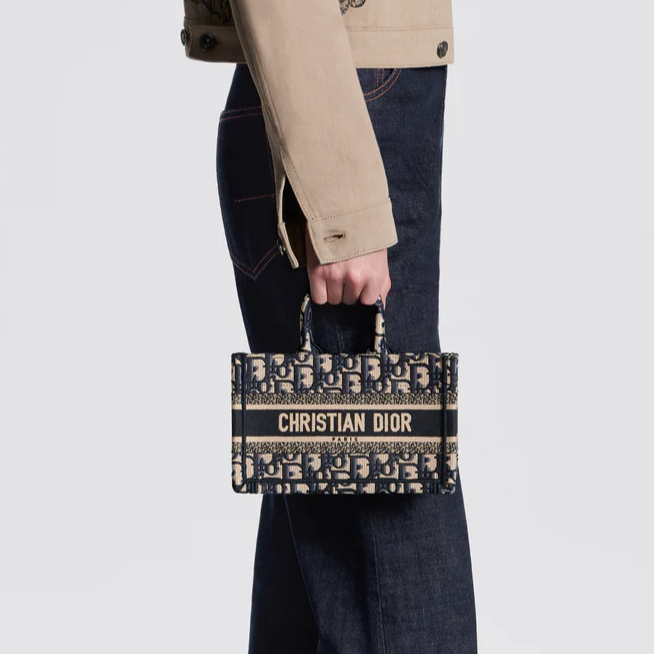 DIOR BOOK TOTE MINI TOTE WITH STRAP  BLUE AND BEIGE OBLIQUE EMBR COUTURE