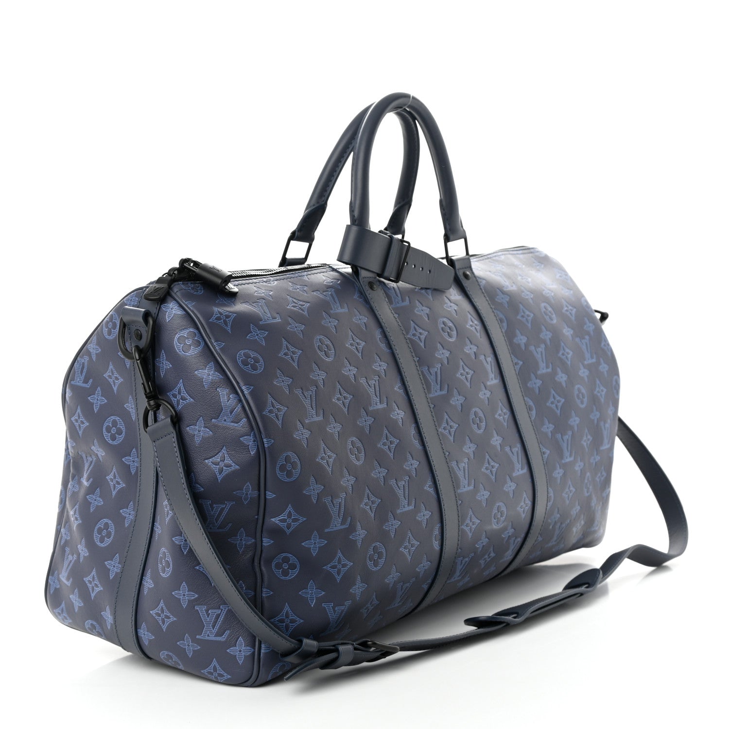 LOUIS VUITTON CALFSKIN MONOGRAM SHADOW KEEPALL BANDOULIERE 50 NAVY