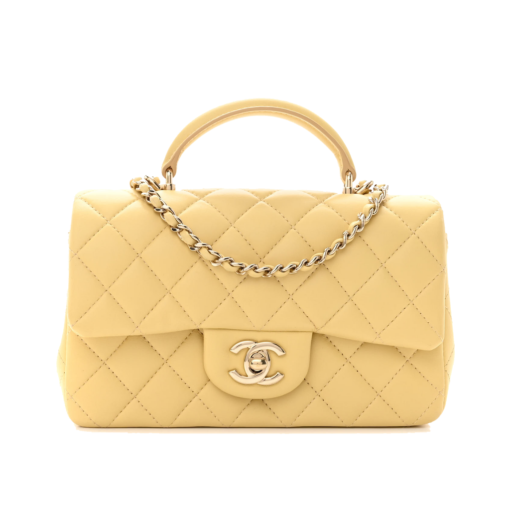 CHANEL LAMBSKIN QUILTED MINI TOP HANDLE RECTANGULAR FLAP YELLOW