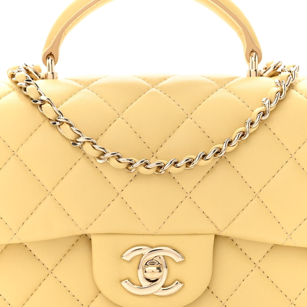 CHANEL LAMBSKIN QUILTED MINI TOP HANDLE RECTANGULAR FLAP YELLOW