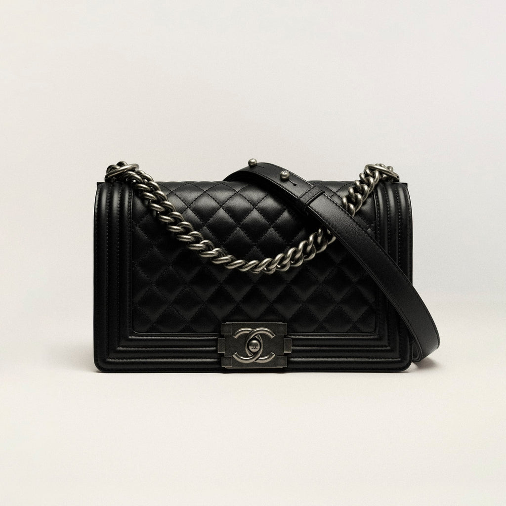 CHANEL  Calfskin  ruthenium Finish metal black