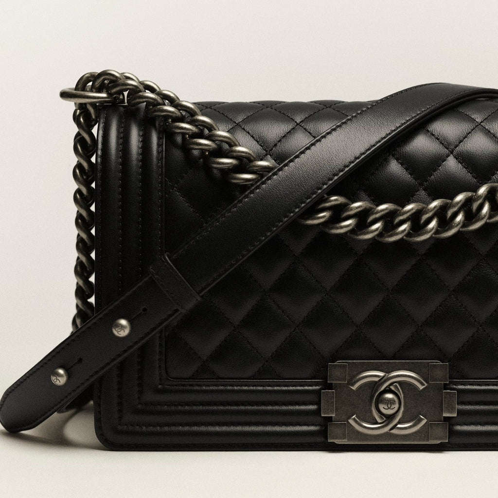 CHANEL  Calfskin  ruthenium Finish metal black