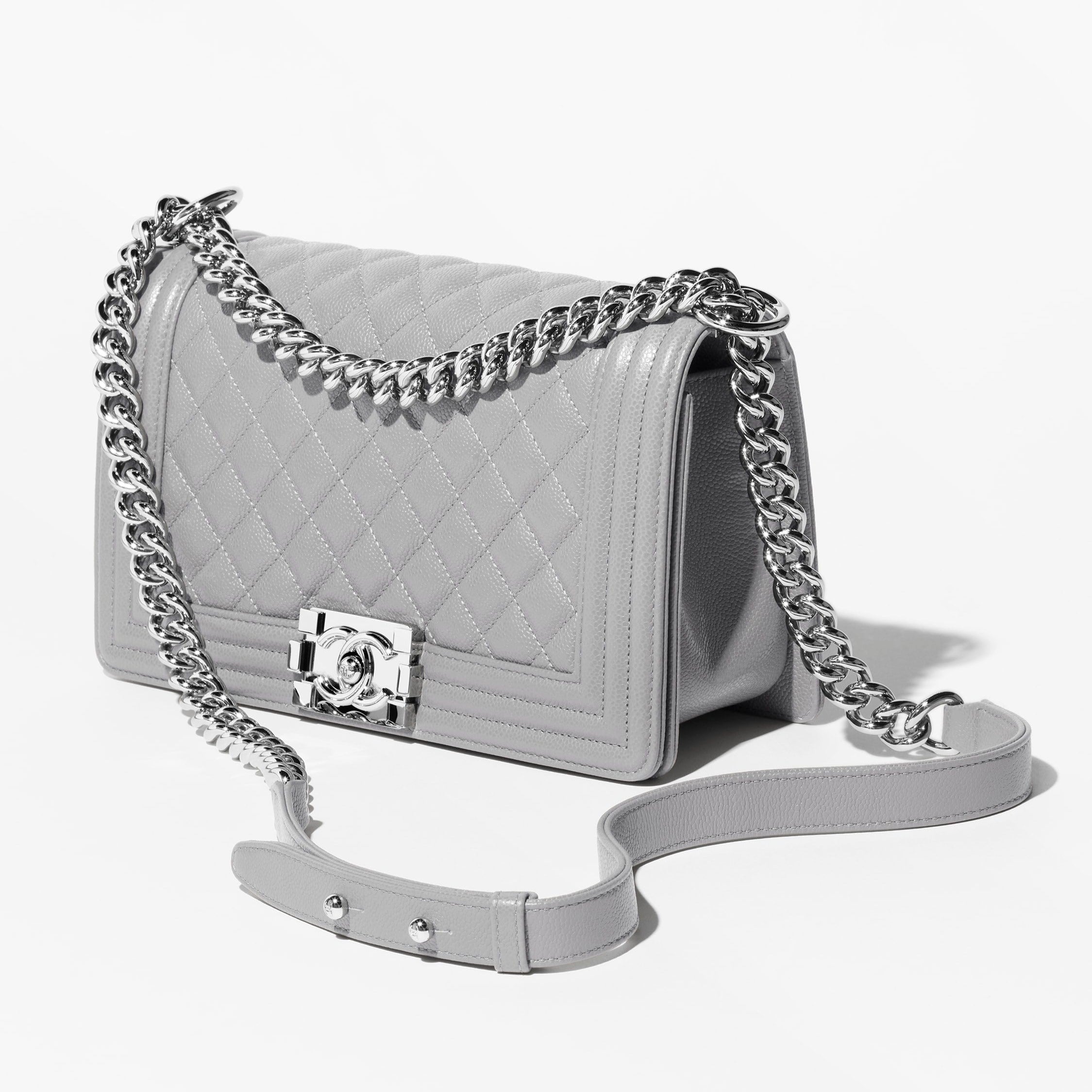 CHANEL  Shiny grained calfskin silver tone metal grey