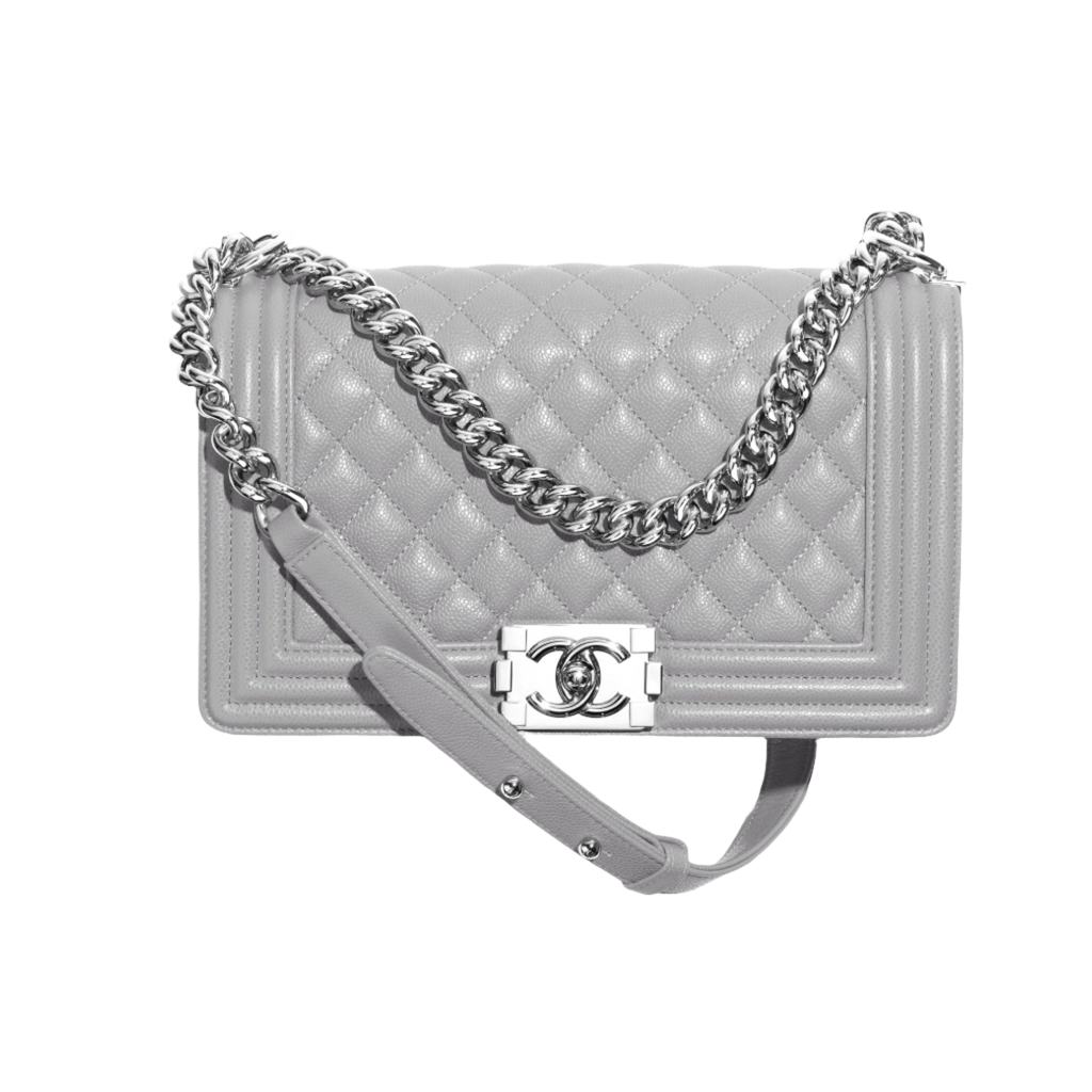 CHANEL  Shiny grained calfskin silver tone metal grey