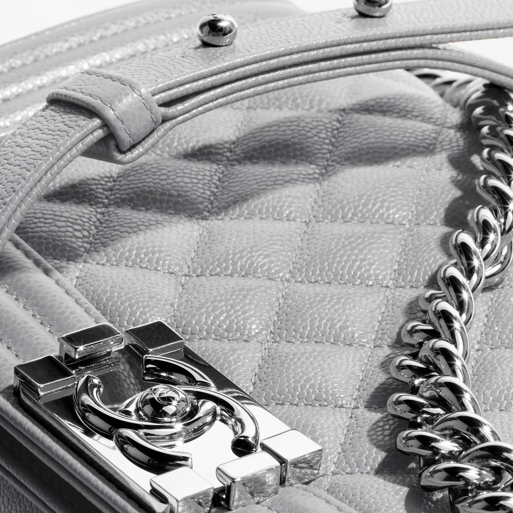 CHANEL  Shiny grained calfskin silver tone metal grey
