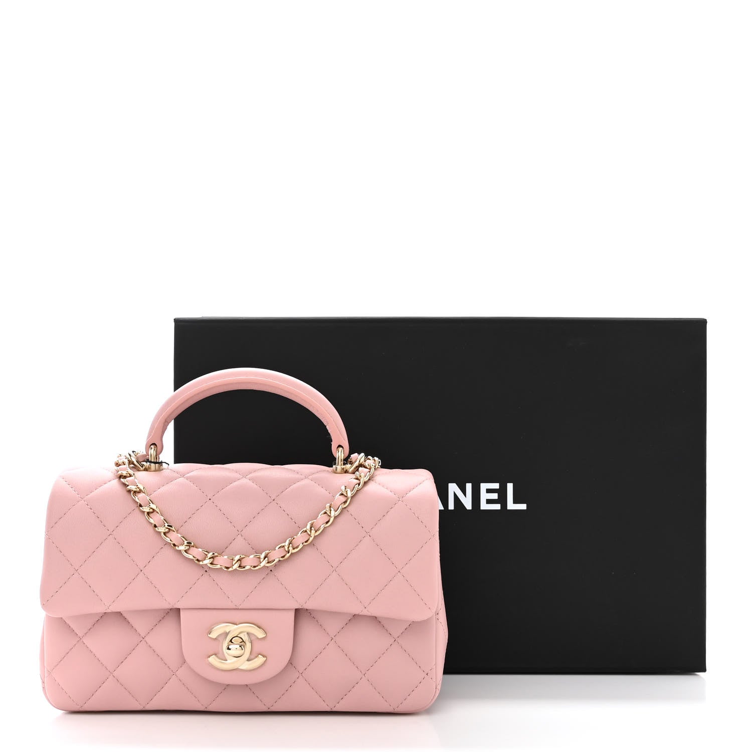 CHANEL LAMBSKIN QUILTED MINI TOP HANDLE RECTANGULAR FLAP LIGHT PINK