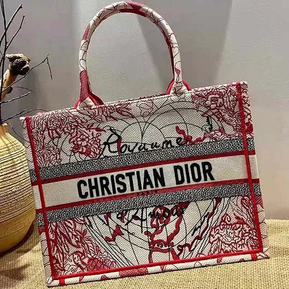 Dior Women Small Dior Book Tote Bag Red White D-Royaume D&#8217;Amour Embroidery
