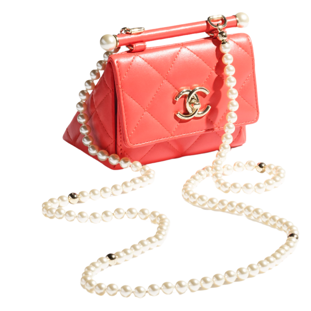CHANEL  Clutch with chain Lambskin  imitation pearls  gold metal red