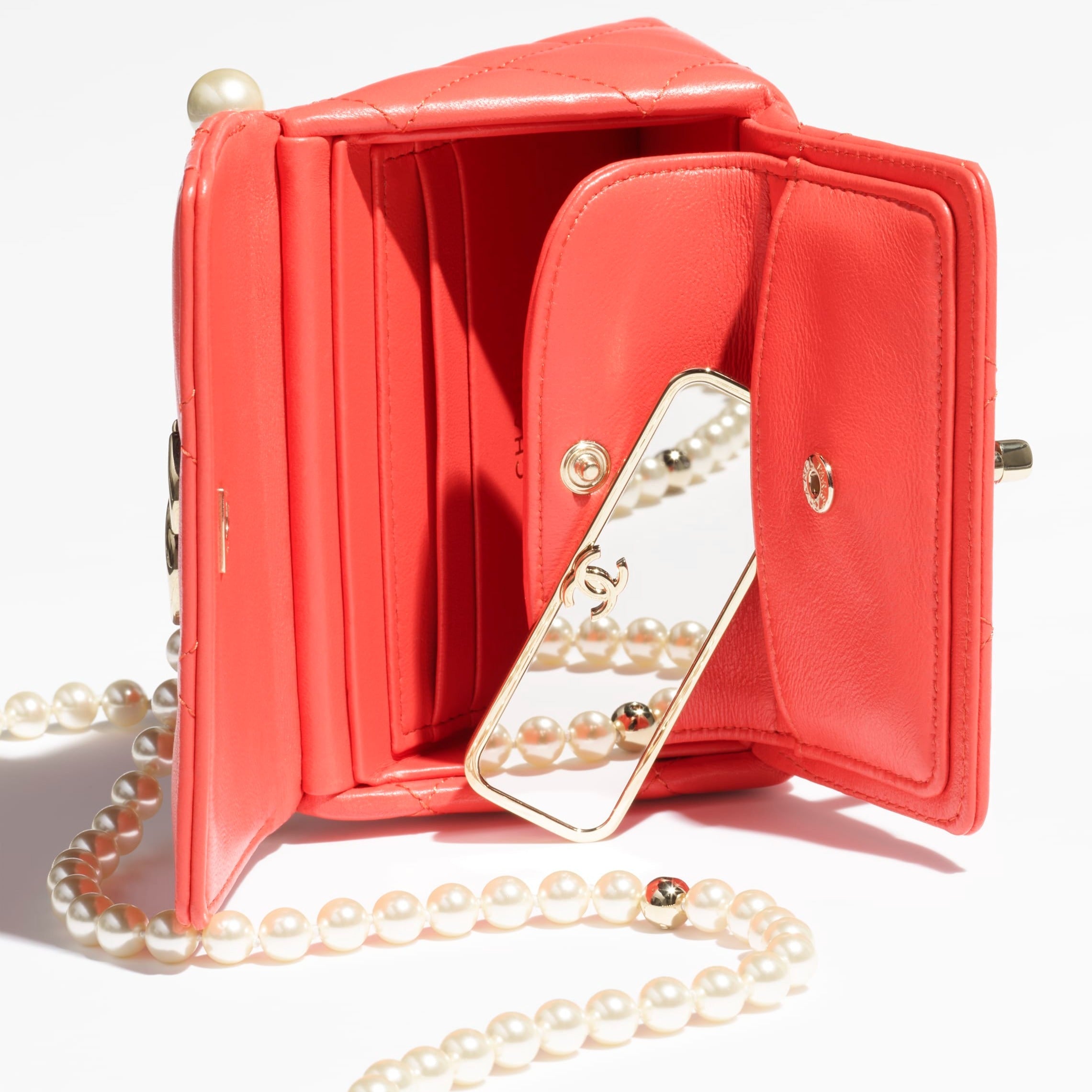 CHANEL  Clutch with chain Lambskin  imitation pearls  gold metal red