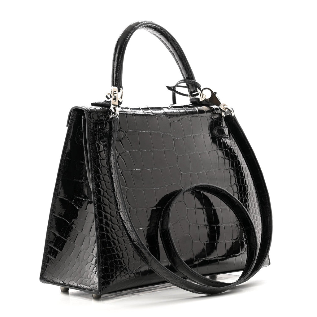 HERMES SHINY ALLIGATOR KELLY SELLIER 25 BLACK