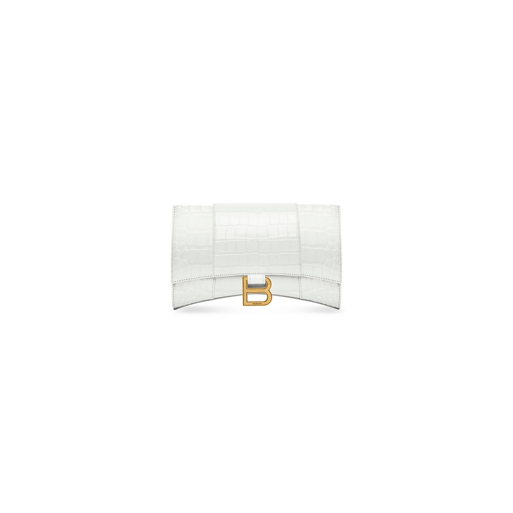 Hourglass Wallet On Chain Crocodile Embossed in White Balenciaga