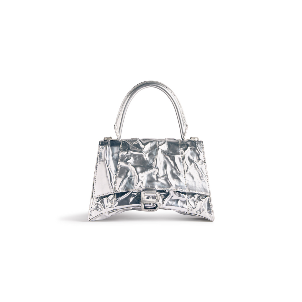 Hourglass Small Handbag Crushed Effect in Silver Balenciaga