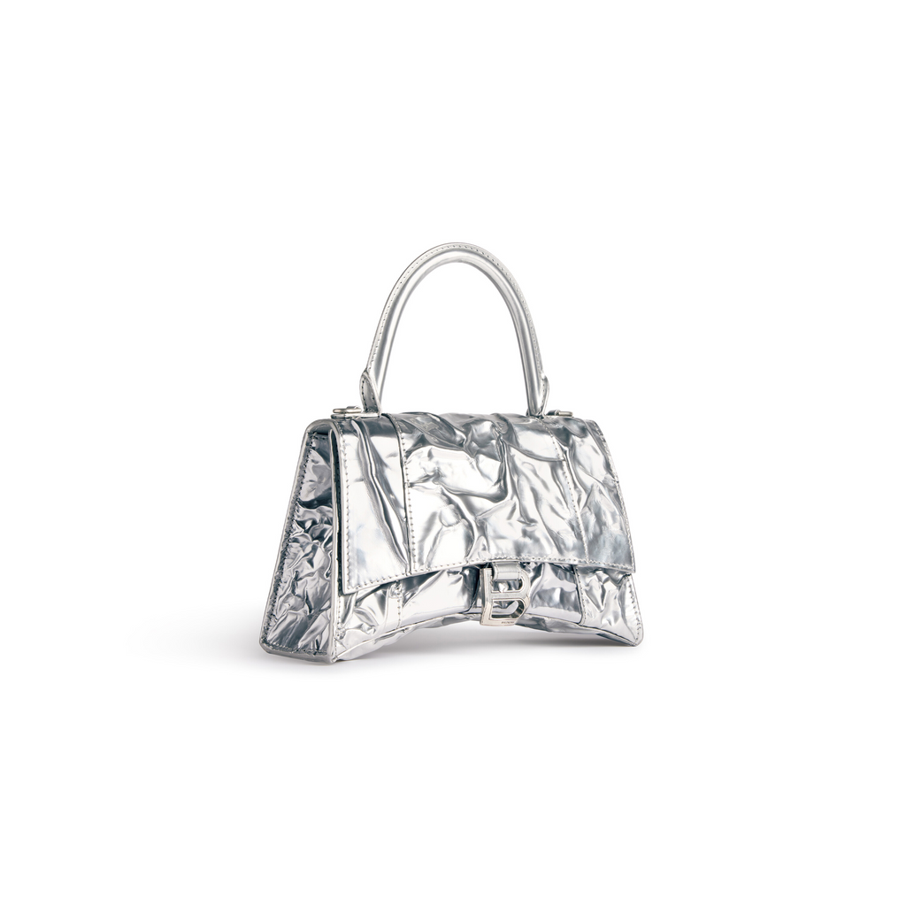 Hourglass Small Handbag Crushed Effect in Silver Balenciaga