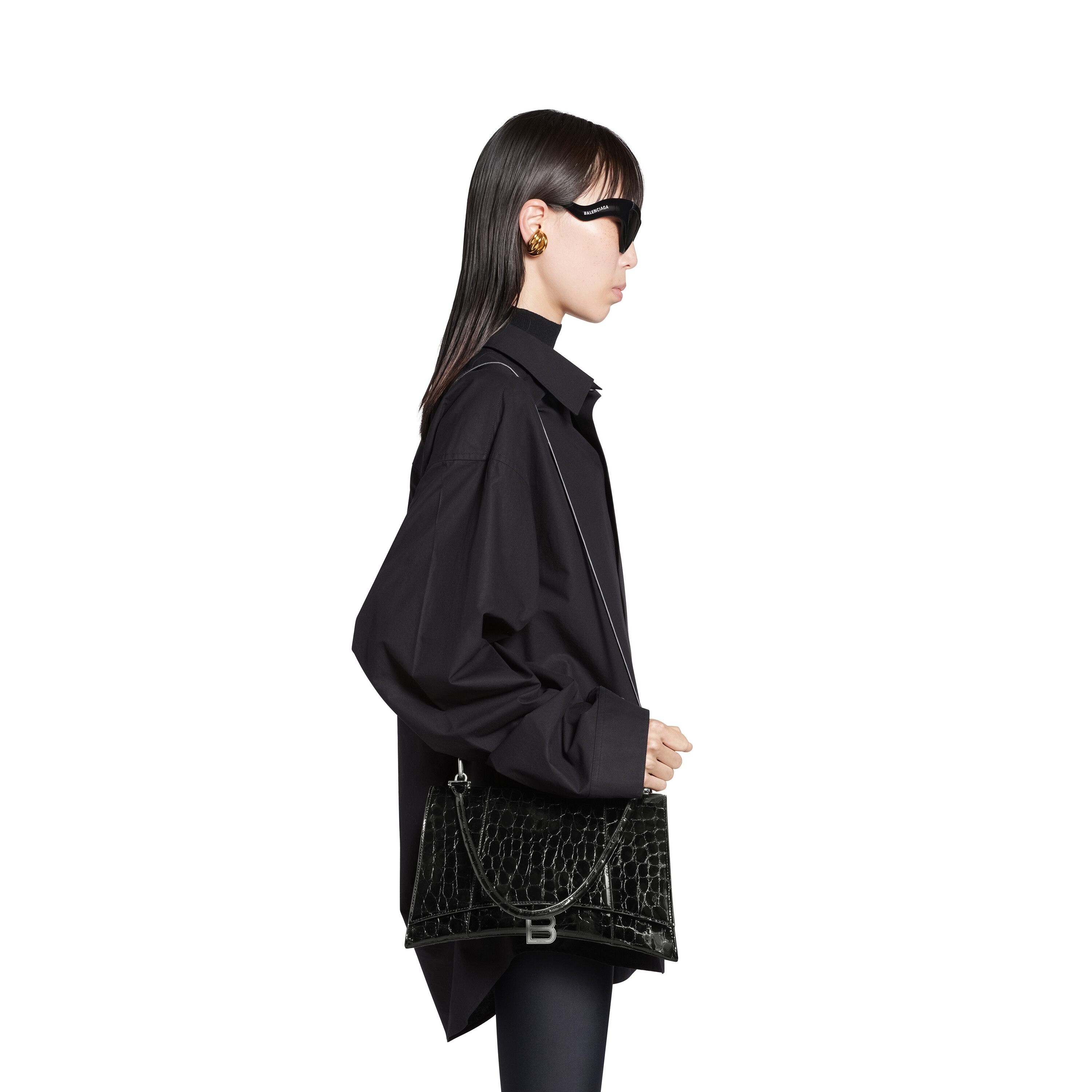 Hourglass Hinge Medium Handbag Crocodile Embossed in Black  Balenciaga