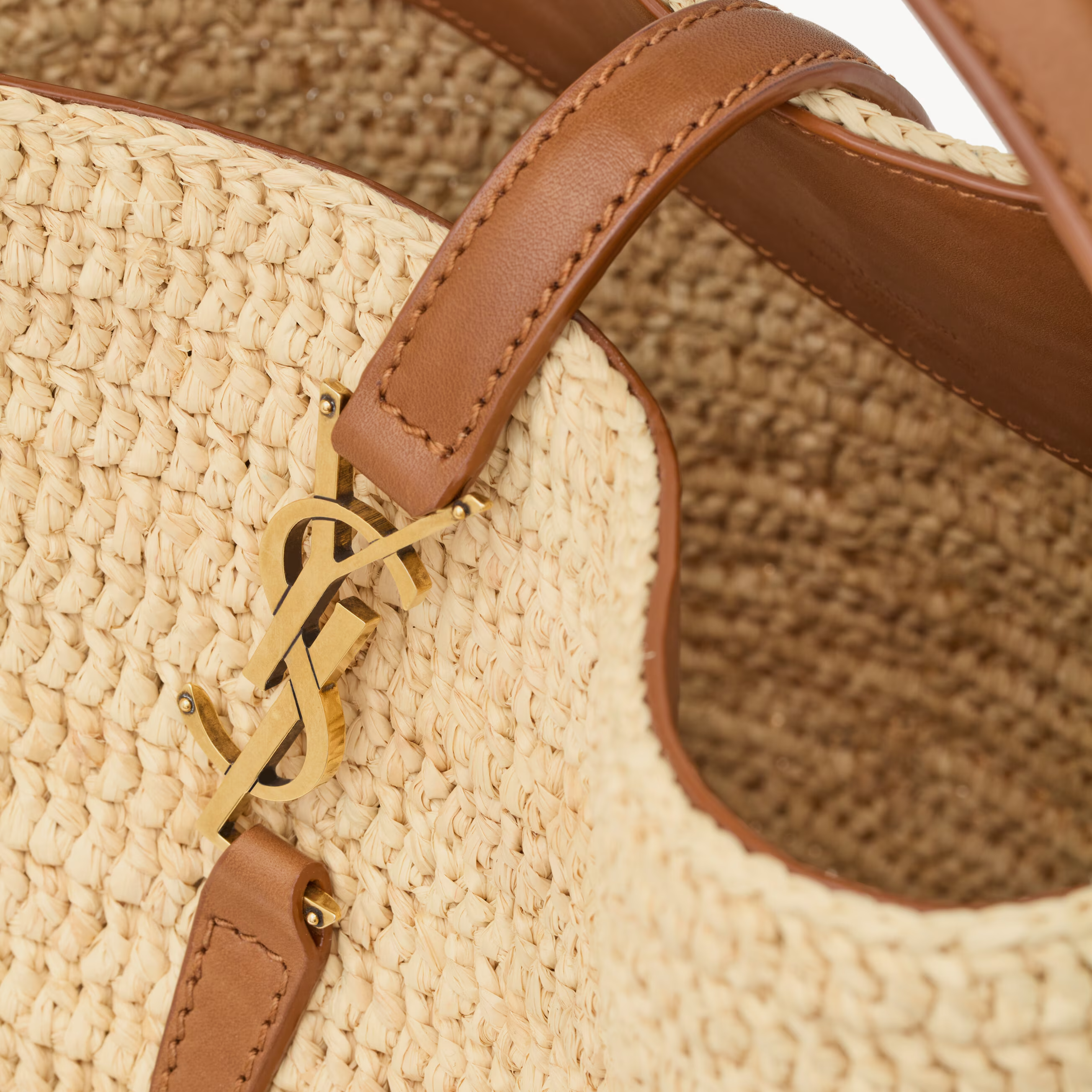 SAINT LAURENT YSL WOVEN RAFFIA AND VEGETABLE TANNED LEATHER