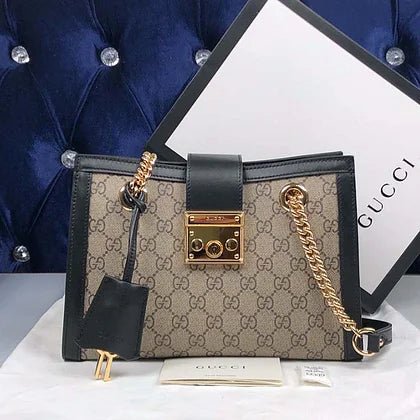 Gucci Women Padlock Small GG Shoulder Bag Beige Ebony GG Supreme Canvas Black Leather