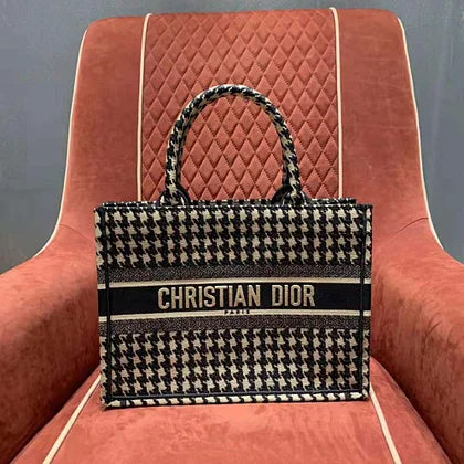 Dior Women Small Dior Book Tote Black Houndstooth Embroidery