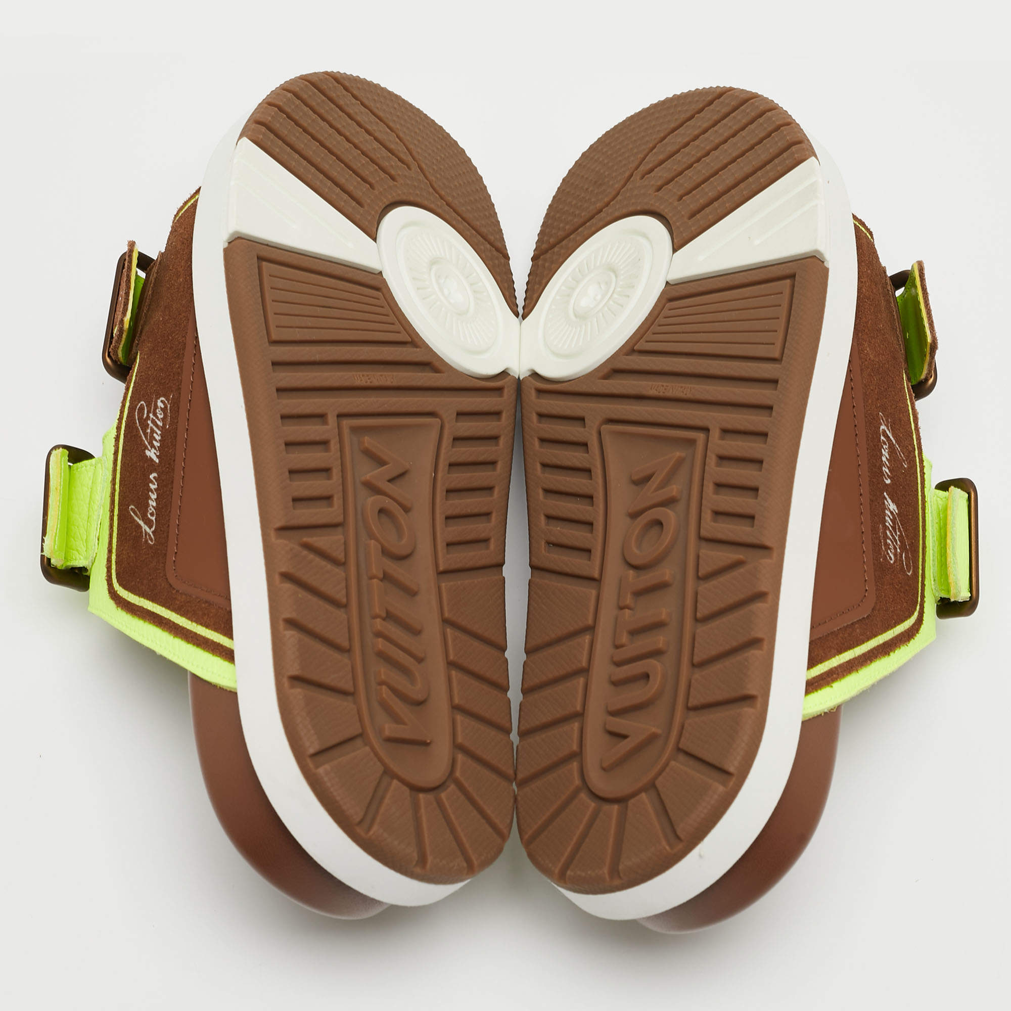 Louis Vuitton Brown_Neon Green Suede and Leather LV Trainer Mules