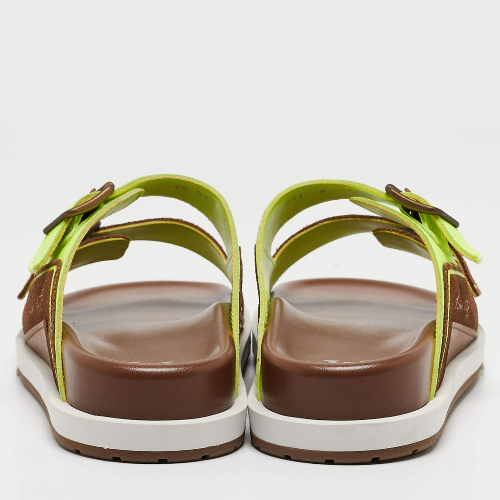 Louis Vuitton Brown_Neon Green Suede and Leather LV Trainer Mules