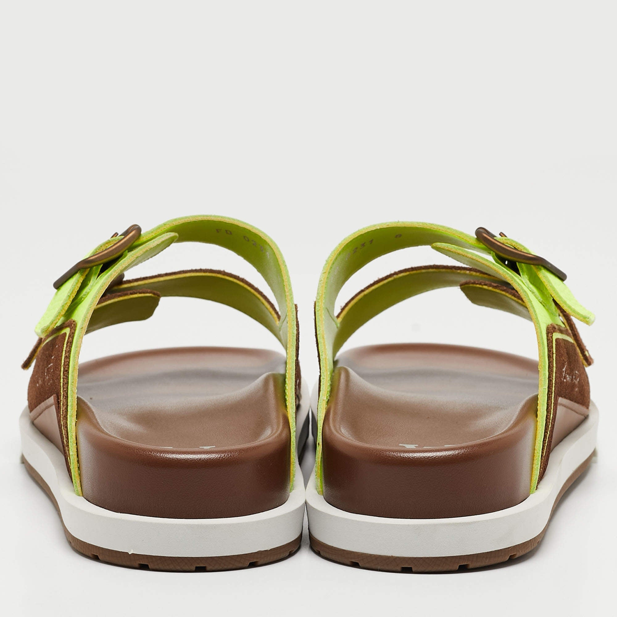 Louis Vuitton Brown_Neon Green Suede and Leather LV Trainer Mules