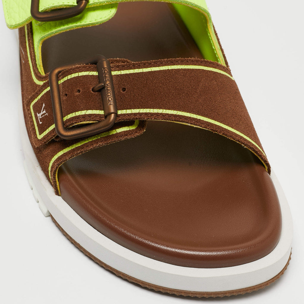 Louis Vuitton Brown_Neon Green Suede and Leather LV Trainer Mules