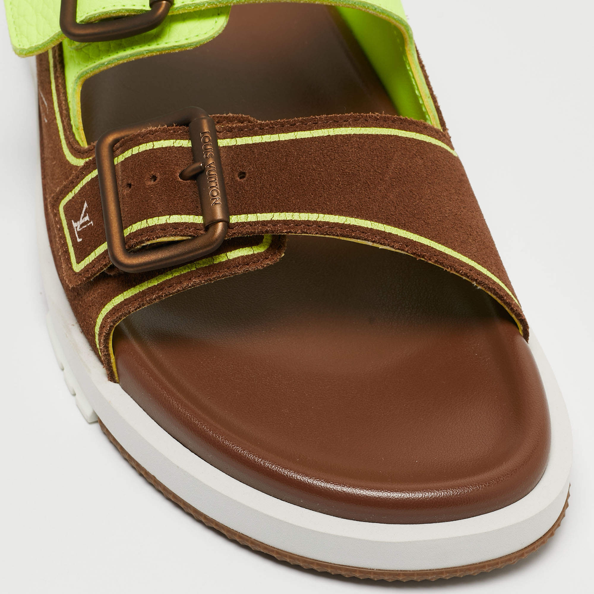 Louis Vuitton Brown_Neon Green Suede and Leather LV Trainer Mules