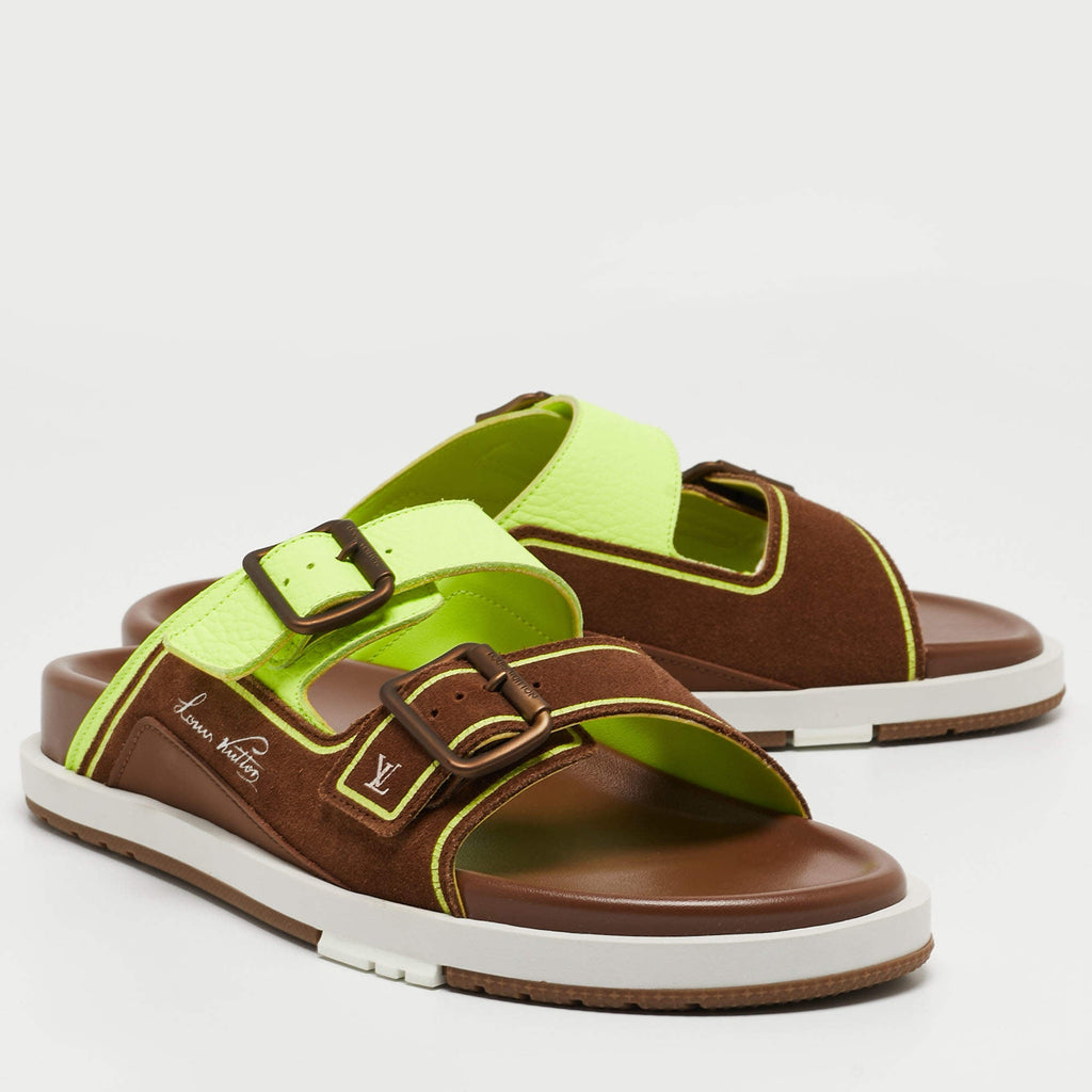 Louis Vuitton Brown_Neon Green Suede and Leather LV Trainer Mules