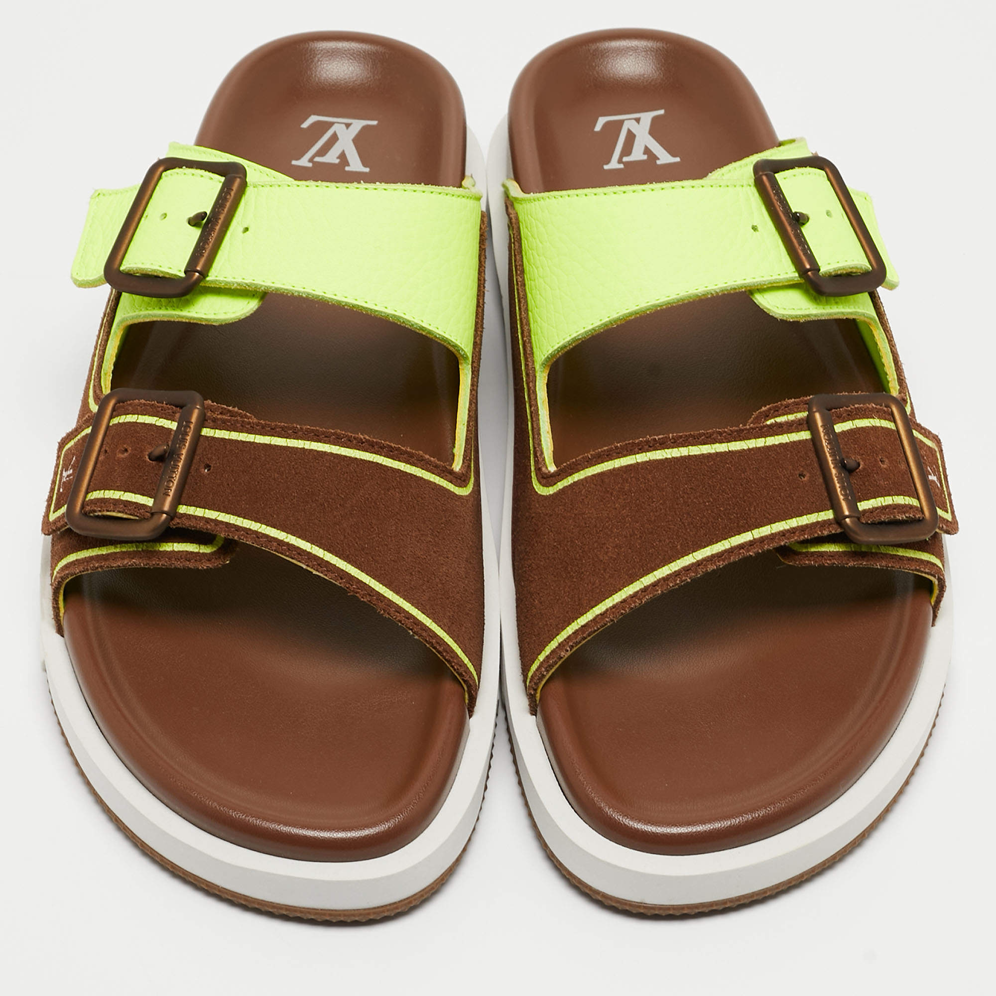 Louis Vuitton Brown_Neon Green Suede and Leather LV Trainer Mules