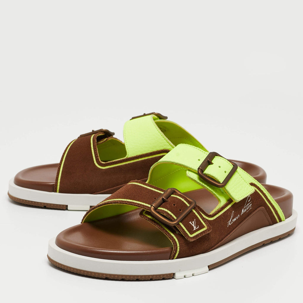 Louis Vuitton Brown_Neon Green Suede and Leather LV Trainer Mules