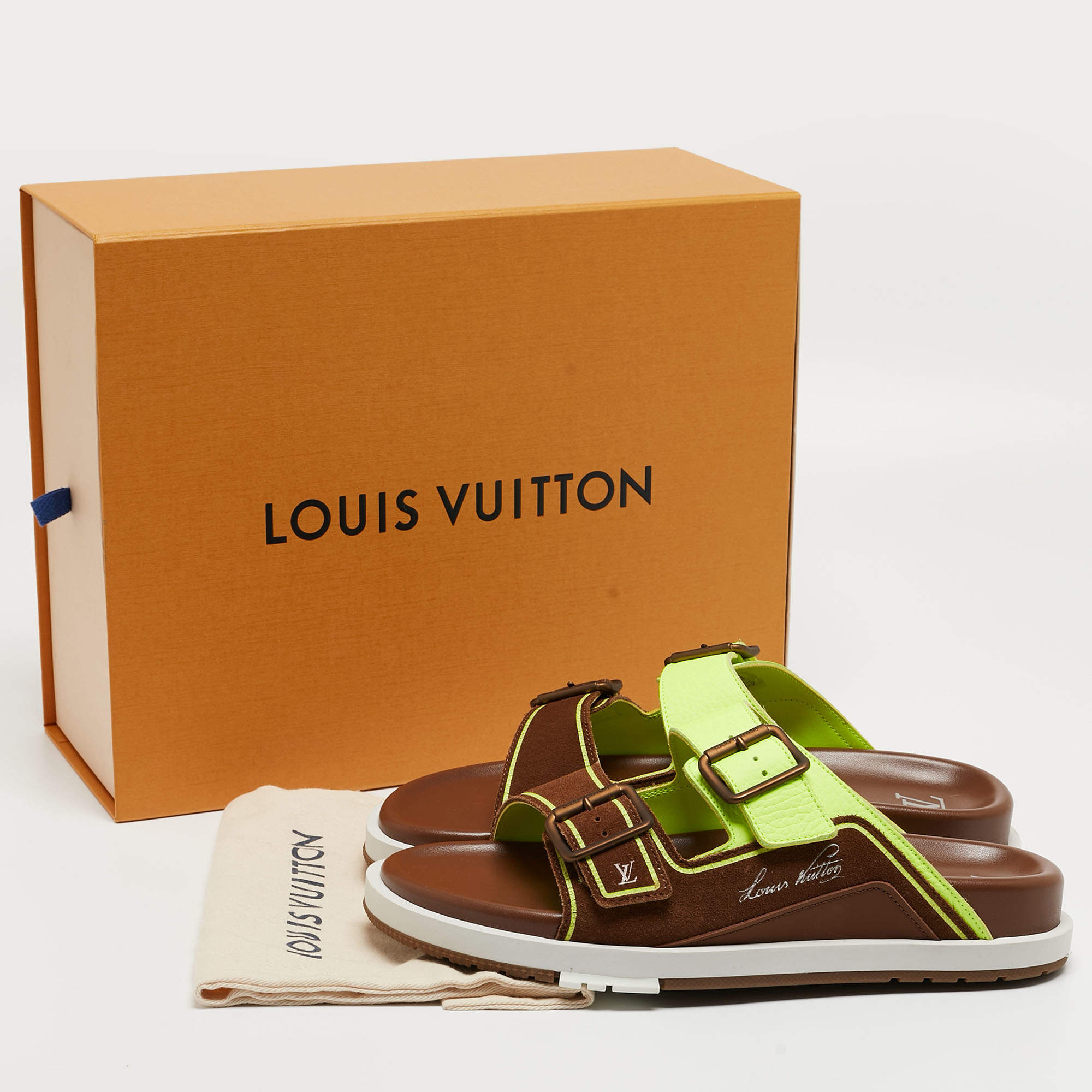 Louis Vuitton Brown_Neon Green Suede and Leather LV Trainer Mules