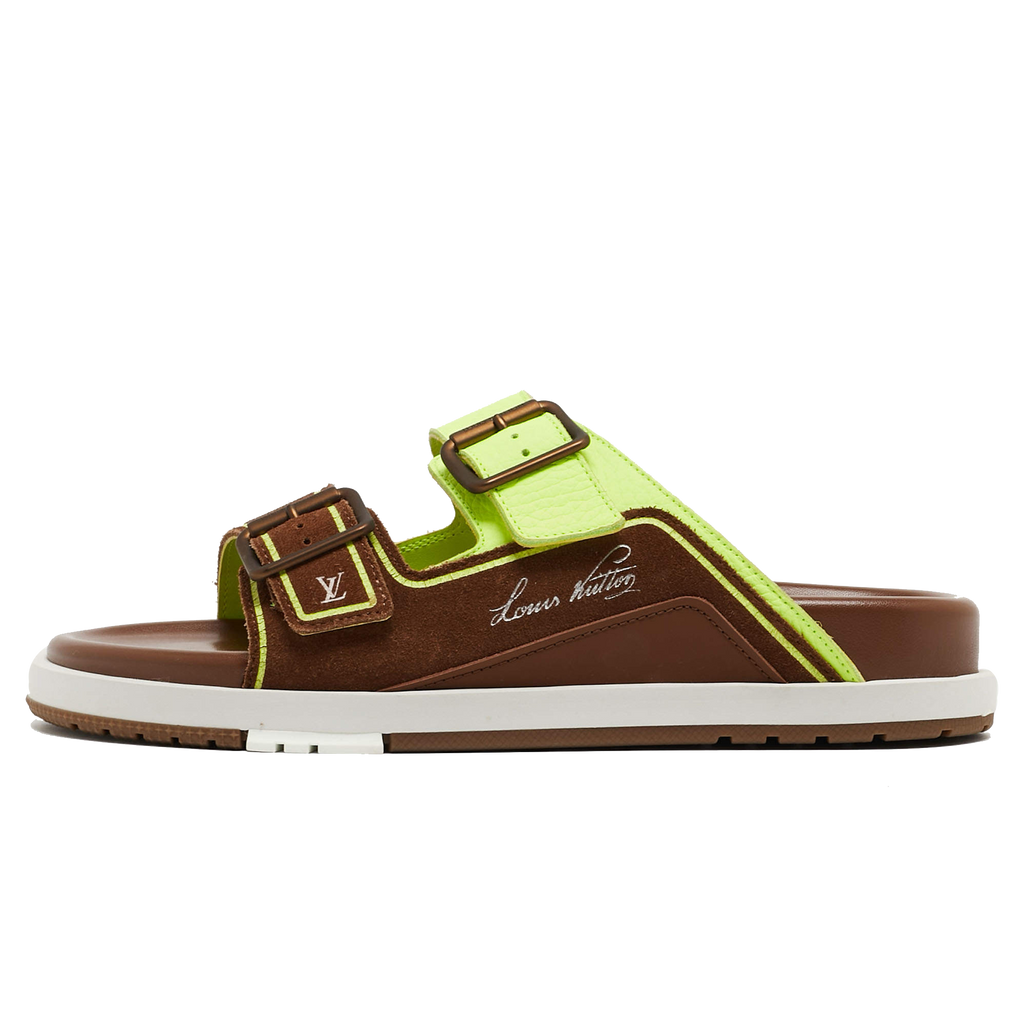 Louis Vuitton Brown_Neon Green Suede and Leather LV Trainer Mules