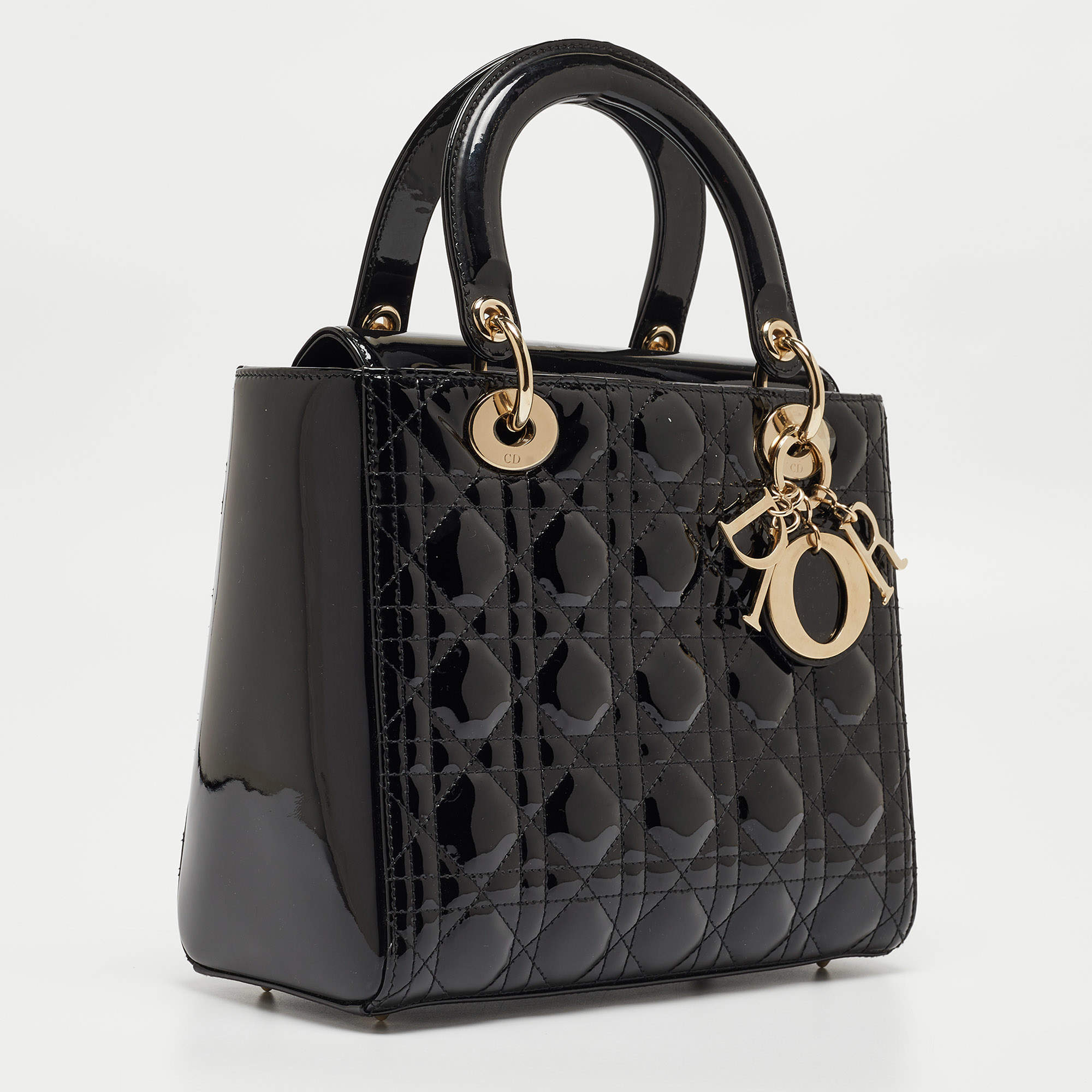 Dior Black Cannage Patent Leather Medium Lady Dior Tote Dior