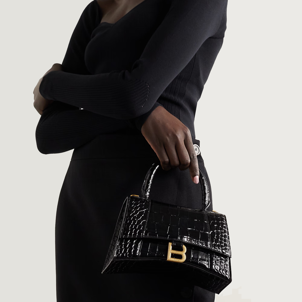 BALENCIAGA Hourglass small glossed croc-effect leather tote