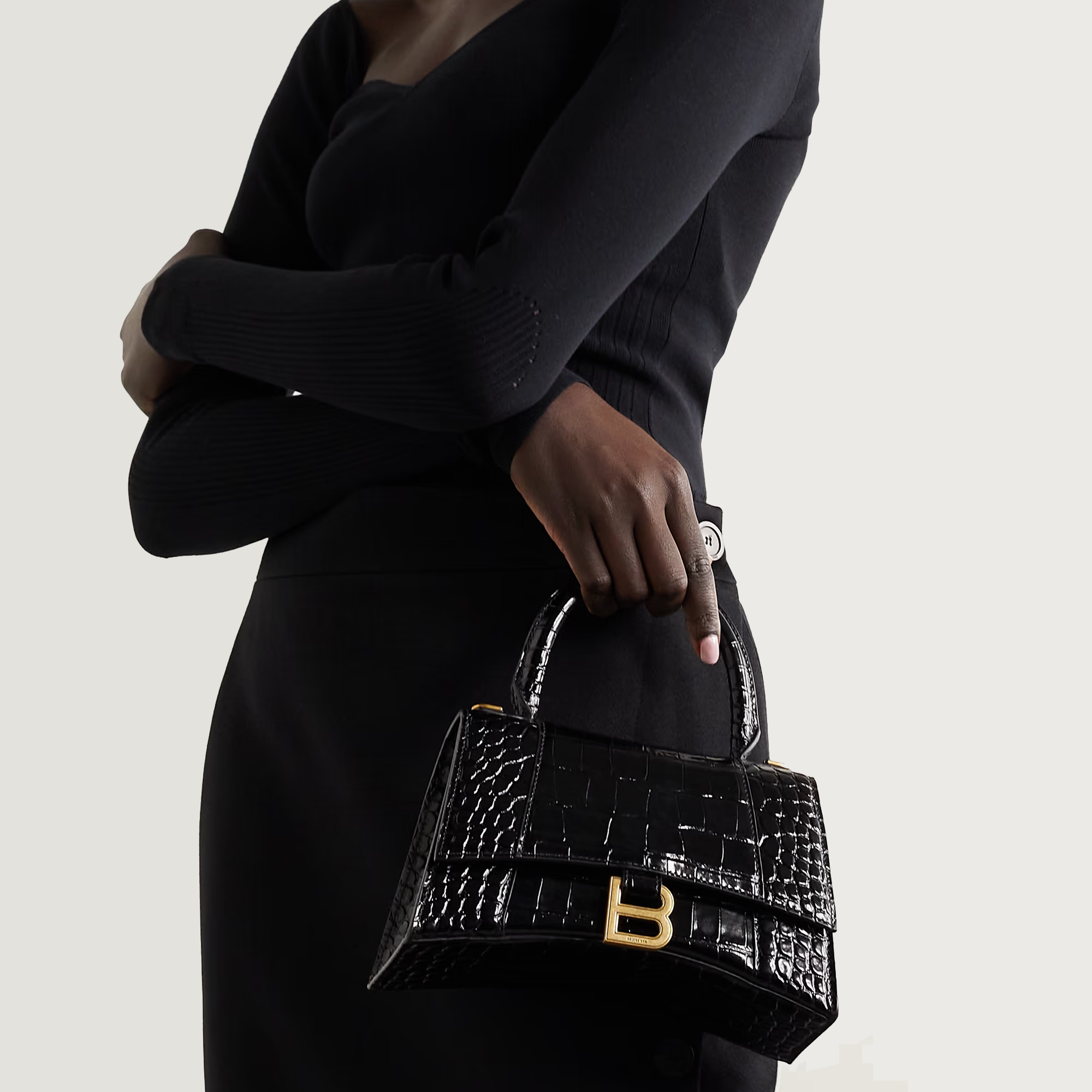 BALENCIAGA Hourglass small glossed croc-effect leather tote